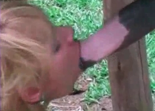 Hung horse face-fucking a bleached blonde slut