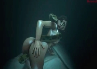 Horny hottie getting fucked by a 3D snake