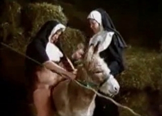 Naughty nun gets licked by a dog on a haystack
